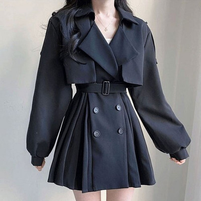 Ζώνη γιακά με διπλό στήθος, λεπτή μέση με πλισέ, μακρυμάνικο αντιανεμικό μπουφάν Κορεατικά κομψά φαρδιά μπλουζάκια