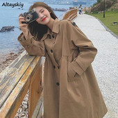 Vidēja garuma Trenčs sieviešu mētelis ar augstu vidukli ar divrindu retro franču stila sieviešu mētelis pavasara rudens jauna mode