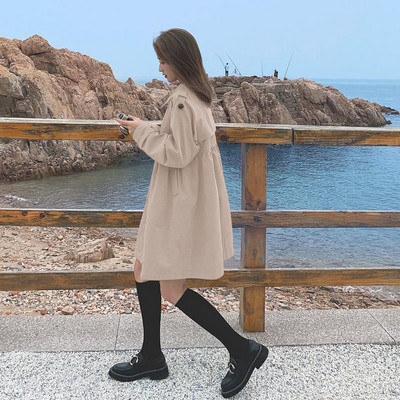 Vidēja garuma Trenčs sieviešu mētelis ar augstu vidukli ar divrindu retro franču stila sieviešu mētelis pavasara rudens jauna mode