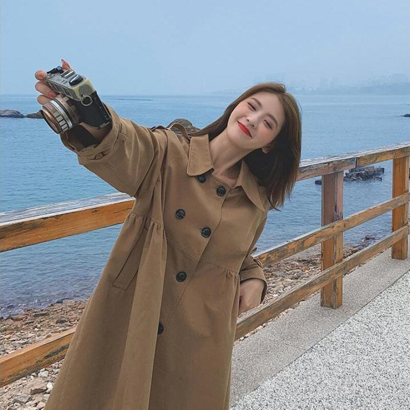 Vidēja garuma Trenčs sieviešu mētelis ar augstu vidukli ar divrindu retro franču stila sieviešu mētelis pavasara rudens jauna mode