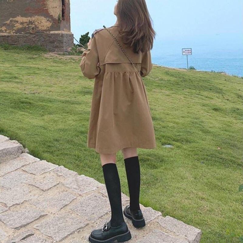 Vidēja garuma Trenčs sieviešu mētelis ar augstu vidukli ar divrindu retro franču stila sieviešu mētelis pavasara rudens jauna mode