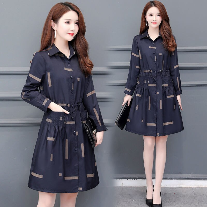 Sieviešu lielizmēra apdrukas vējjaka 2022. gada pavasara rudens jauns plāns garais mētelis pusmūža mātēm Universāls ikdienas sieviešu apģērbs