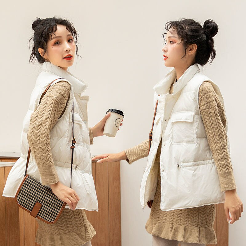Χειμερινό πουπουλένιο γυναικείο κοντό αμάνικο γιλέκο Μπουφάν ελαφρύ σώμα πιο ζεστό γιλέκο Γυναικείο λευκό Gilets Windbreaker πουπουλένιο παλτό