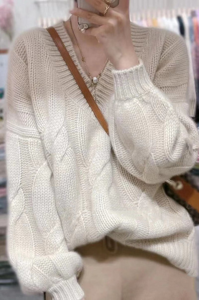 Zimski ležerni džemper od kašmira Ženski preveliki puloveri s V-izrezom Debeli puloveri Ženski 2021. široki ženski puloveri džemper