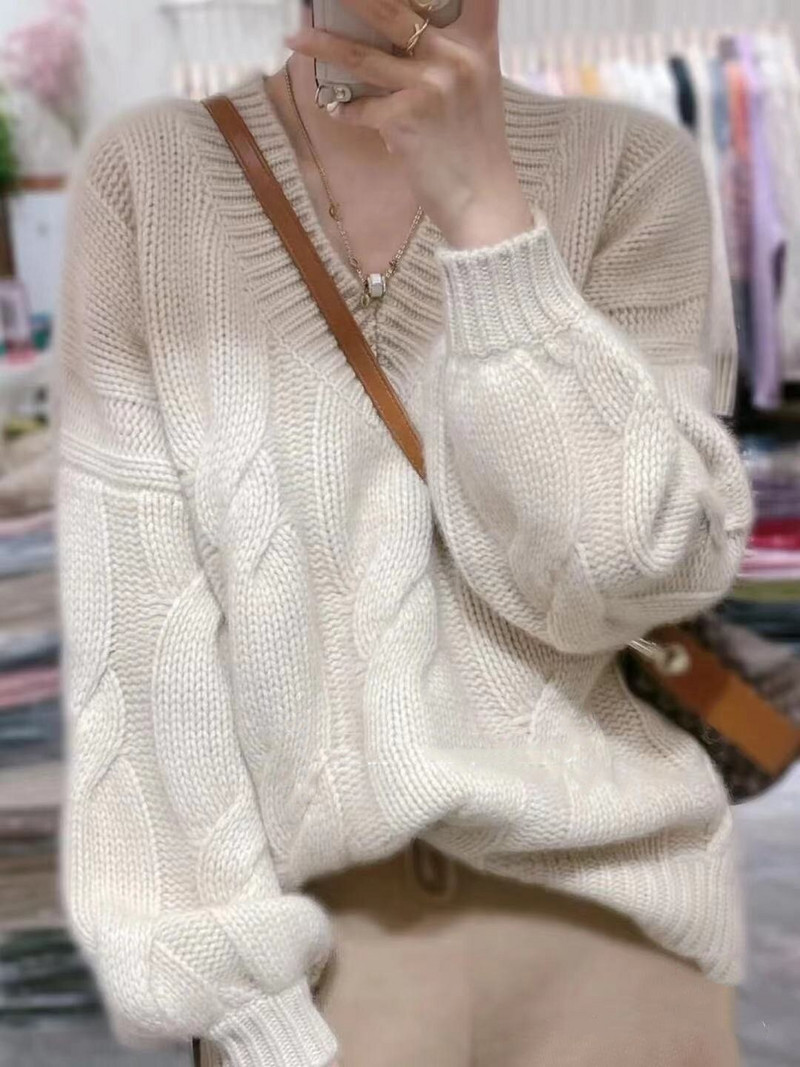 Zimski ležerni džemper od kašmira Ženski preveliki puloveri s V-izrezom Debeli puloveri Ženski 2021. široki ženski puloveri džemper