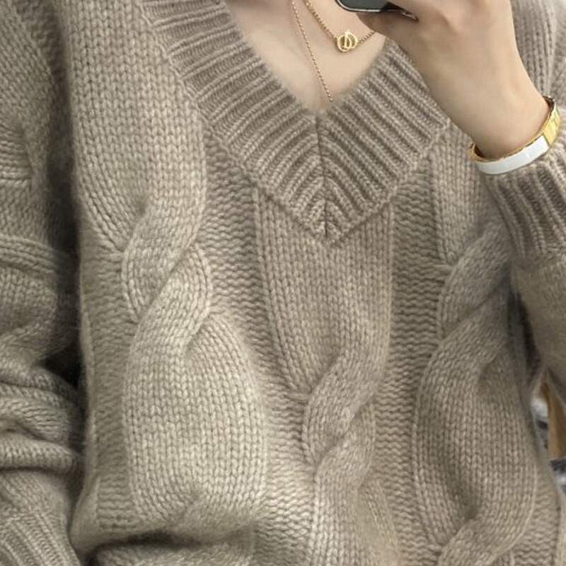 Zimski ležerni džemper od kašmira Ženski preveliki puloveri s V-izrezom Debeli puloveri Ženski 2021. široki ženski puloveri džemper