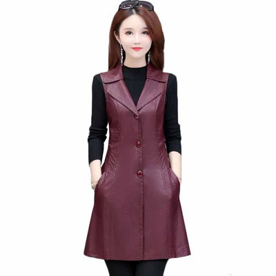 Ādas vestes sievietēm Slim Fit garas ikdienas motocikla ādas veste sievietēm 2022 New Fashion Bezpiedurknēm melna jaka Sieviešu mētelis 5XL