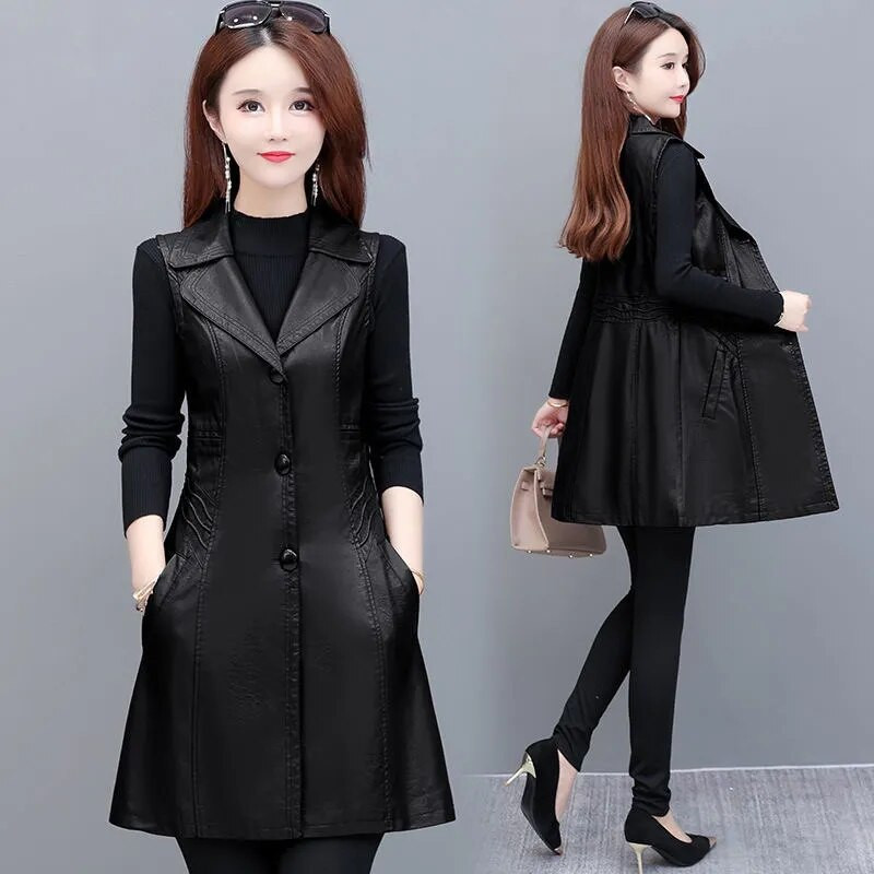 Ādas vestes sievietēm Slim Fit garas ikdienas motocikla ādas veste sievietēm 2022 New Fashion Bezpiedurknēm melna jaka Sieviešu mētelis 5XL
