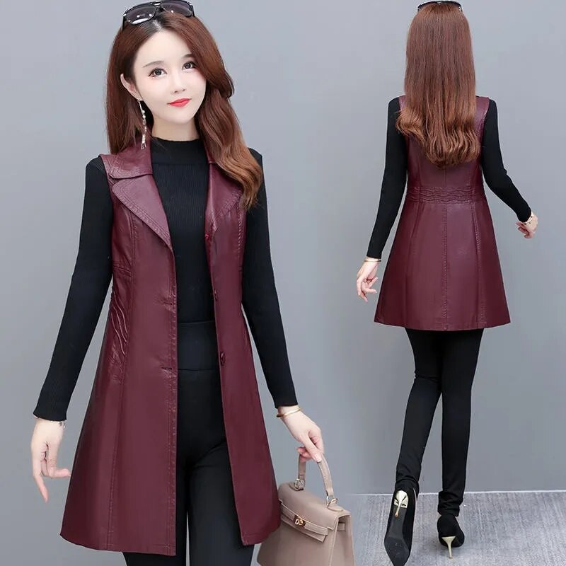 Ādas vestes sievietēm Slim Fit garas ikdienas motocikla ādas veste sievietēm 2022 New Fashion Bezpiedurknēm melna jaka Sieviešu mētelis 5XL