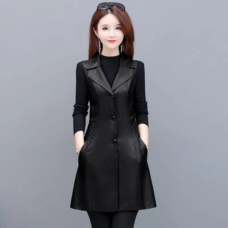 Ādas vestes sievietēm Slim Fit garas ikdienas motocikla ādas veste sievietēm 2022 New Fashion Bezpiedurknēm melna jaka Sieviešu mētelis 5XL