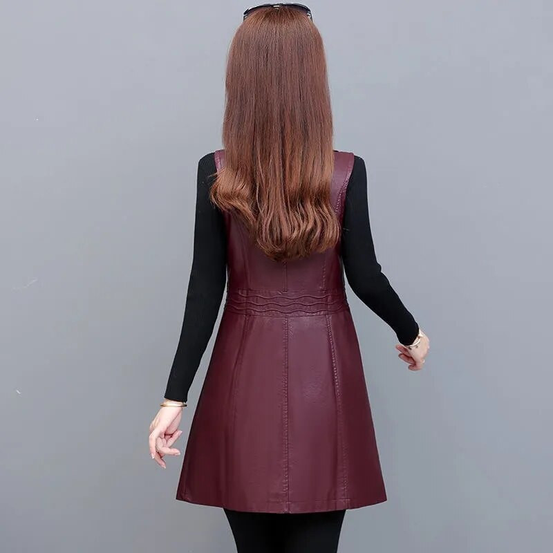 Ādas vestes sievietēm Slim Fit garas ikdienas motocikla ādas veste sievietēm 2022 New Fashion Bezpiedurknēm melna jaka Sieviešu mētelis 5XL