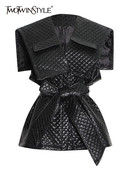 TWOTWINSTYLE Εξωτερικά Βαμβακερά Παλτό Γυναικεία Ψηλόμεση Δαντέλα Πάνω Χοντρό V λαιμόκοψη Αμάνικα Casual Μπουφάν Γυναικεία Χειμώνας 2021 Νέο