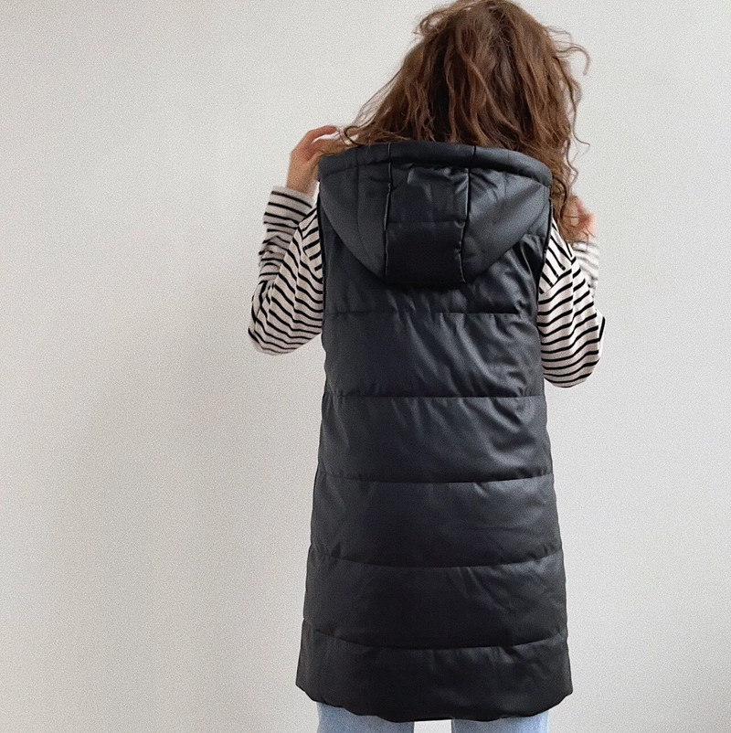 Νέο χειμωνιάτικο γυναικείο γιλέκο Gilet με κουκούλα από συνθετικό δέρμα Παλτό Κομψές τσέπες Αμάνικο μπουφάν Γυναικείο μακρύ γιλέκο Gilet trf