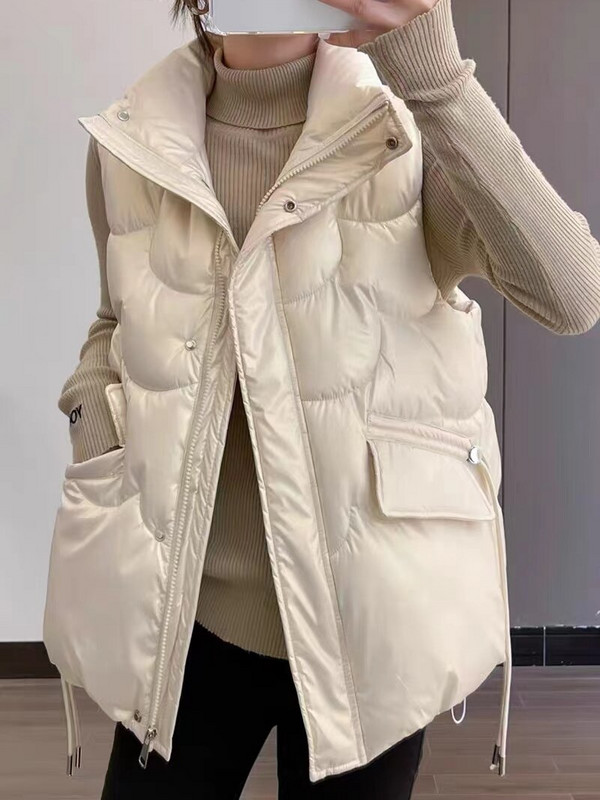 2021. gada jauna bieza kokvilnas veste sieviešu ziemas apģērba veste brīva un plāna stāvapkakle modes veste rietumu stila veste