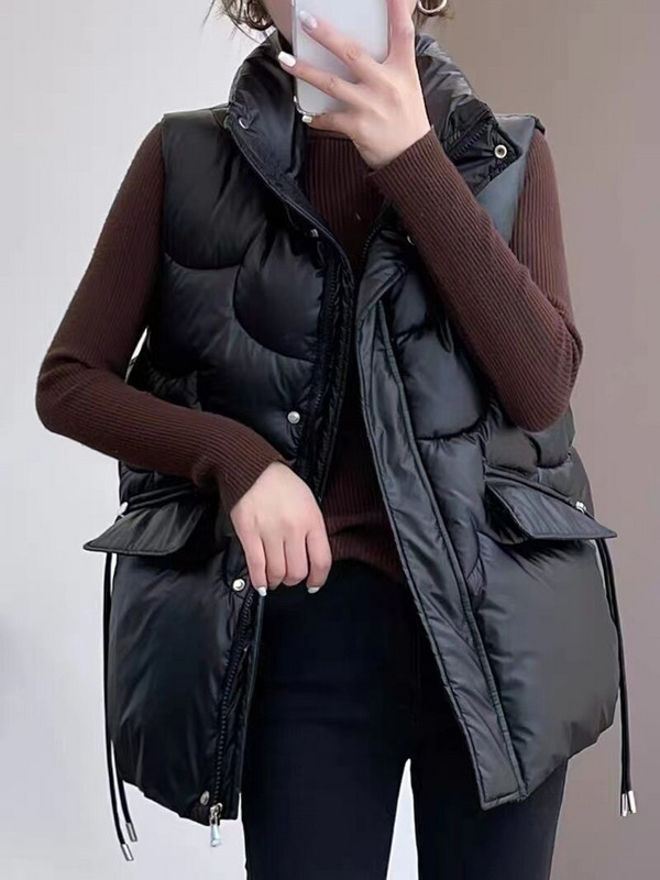 2021. gada jauna bieza kokvilnas veste sieviešu ziemas apģērba veste brīva un plāna stāvapkakle modes veste rietumu stila veste