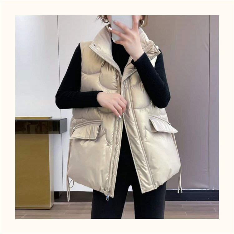 2021. gada jauna bieza kokvilnas veste sieviešu ziemas apģērba veste brīva un plāna stāvapkakle modes veste rietumu stila veste
