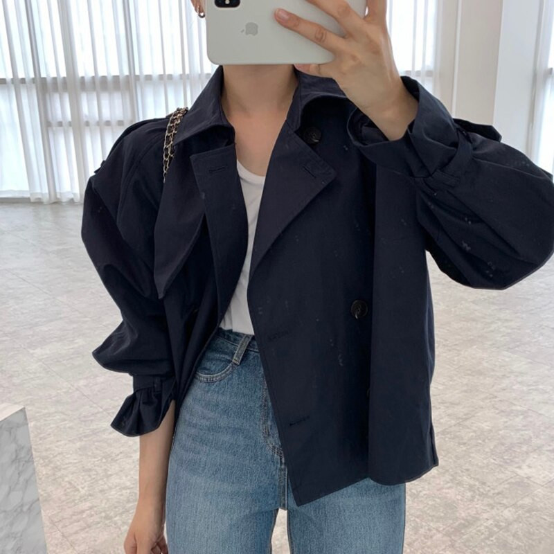 Korean Chic Proljeće Jesen Ženski trenč kaput s dvostrukim kopčanjem Široka vjetrovka kratkih rukava Ulična odjeća Ležerne ženske jakne