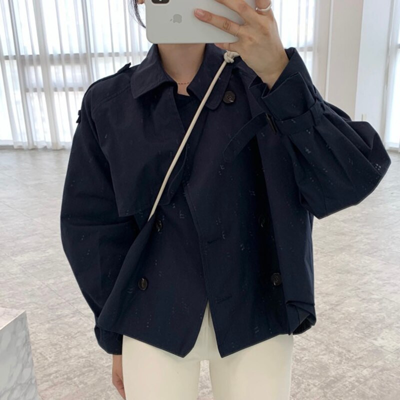Korean Chic Proljeće Jesen Ženski trenč kaput s dvostrukim kopčanjem Široka vjetrovka kratkih rukava Ulična odjeća Ležerne ženske jakne