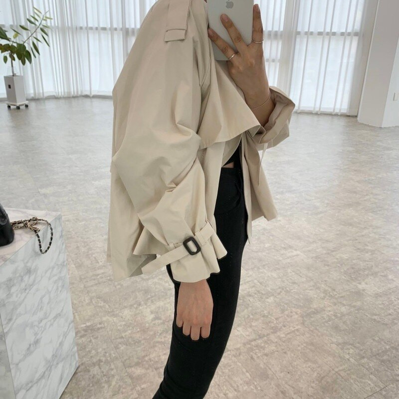 Korean Chic Proljeće Jesen Ženski trenč kaput s dvostrukim kopčanjem Široka vjetrovka kratkih rukava Ulična odjeća Ležerne ženske jakne
