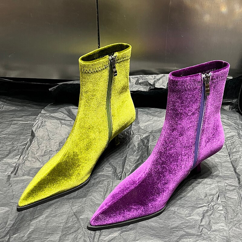 Modne ženske gležnjače 2023 Novo proljeće jesen Svilene ženske kratke čizme s patentnim zatvaračem na špicu Ženske cipele na nisku petu Ženske čizme