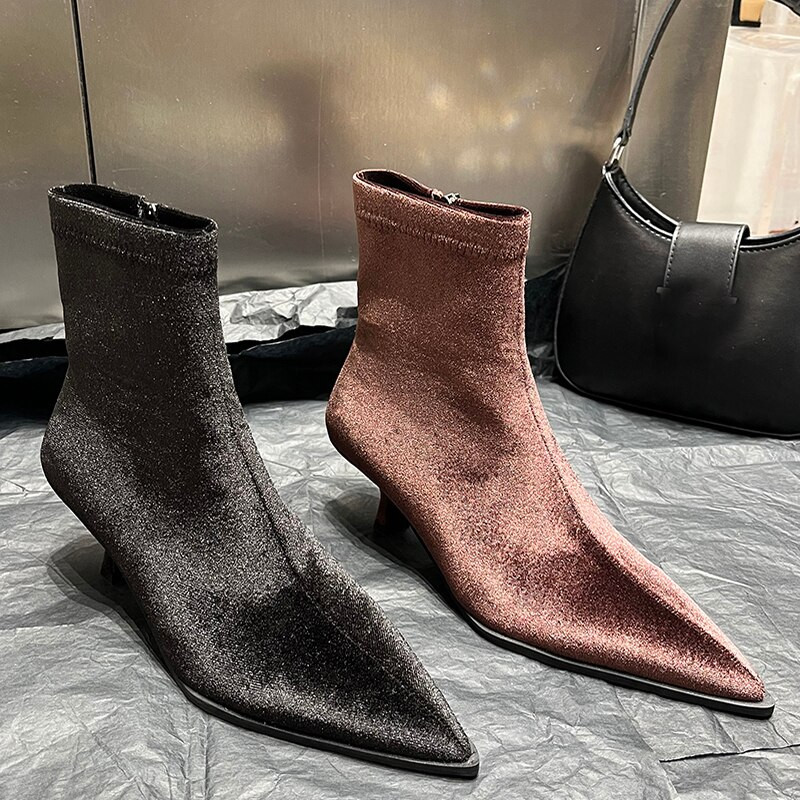 Modne ženske gležnjače 2023 Novo proljeće jesen Svilene ženske kratke čizme s patentnim zatvaračem na špicu Ženske cipele na nisku petu Ženske čizme