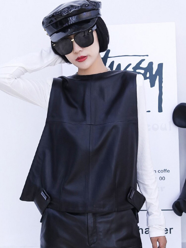 Sieviešu dabīgās ādas veste aitādas brīvi pieguļošs pulovers jaka bez piedurknēm Sieviešu rudens īsa ādas veste Ielu apģērba topi