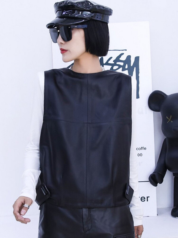 Sieviešu dabīgās ādas veste aitādas brīvi pieguļošs pulovers jaka bez piedurknēm Sieviešu rudens īsa ādas veste Ielu apģērba topi