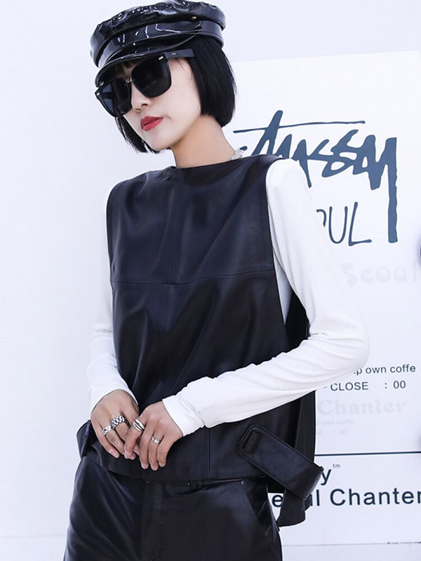 Sieviešu dabīgās ādas veste aitādas brīvi pieguļošs pulovers jaka bez piedurknēm Sieviešu rudens īsa ādas veste Ielu apģērba topi