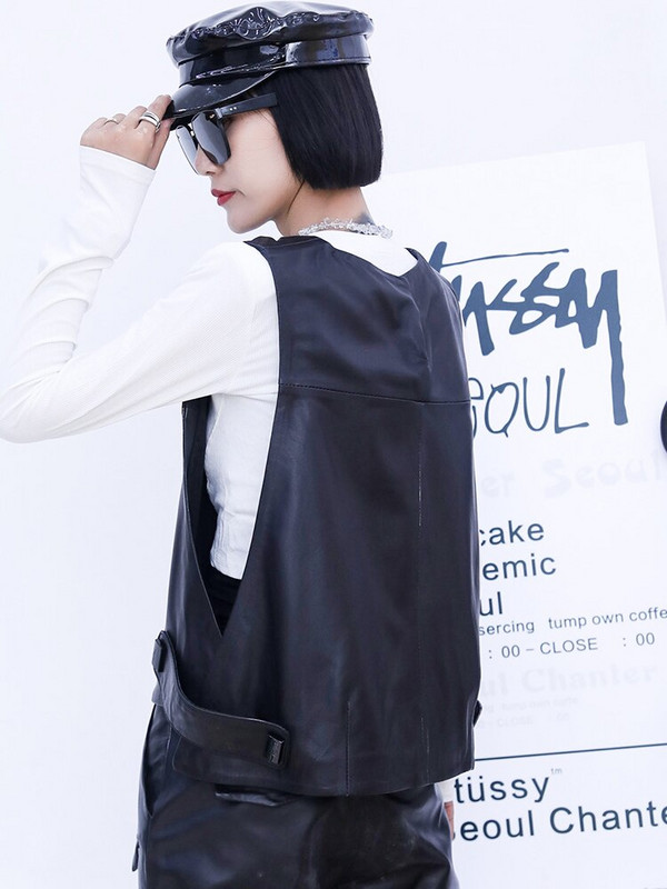 Sieviešu dabīgās ādas veste aitādas brīvi pieguļošs pulovers jaka bez piedurknēm Sieviešu rudens īsa ādas veste Ielu apģērba topi