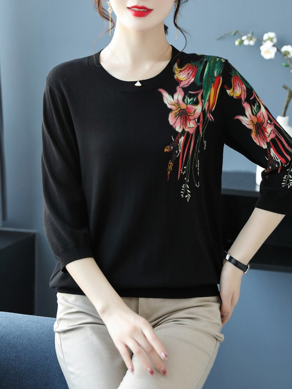 Sieviešu džemperi ar ziedu apdruku, 2022. gada jauns rudens sieviešu apģērbs, džemperis ar puspiedurknēm.