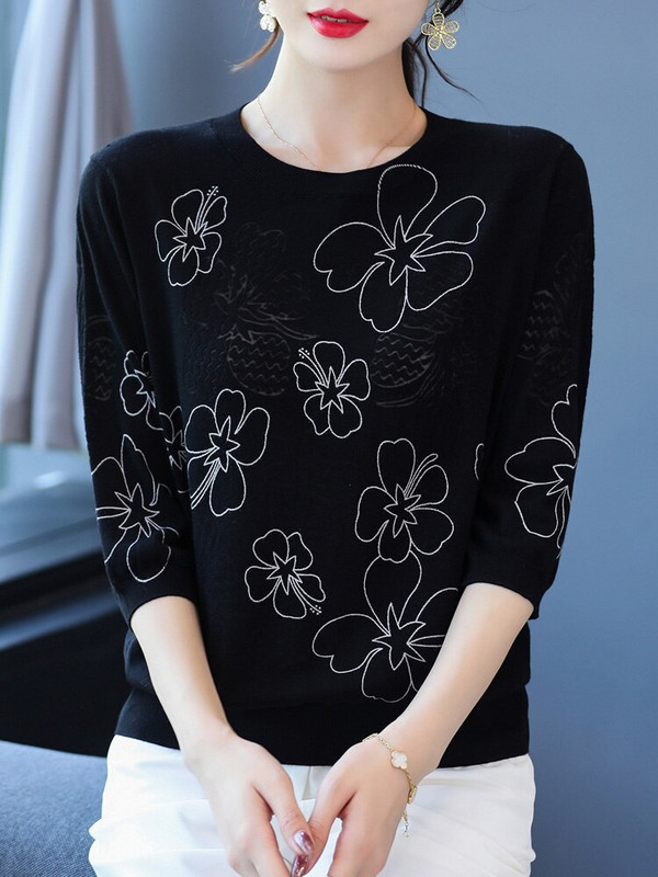 Sieviešu džemperi ar ziedu apdruku, 2022. gada jauns rudens sieviešu apģērbs, džemperis ar puspiedurknēm.