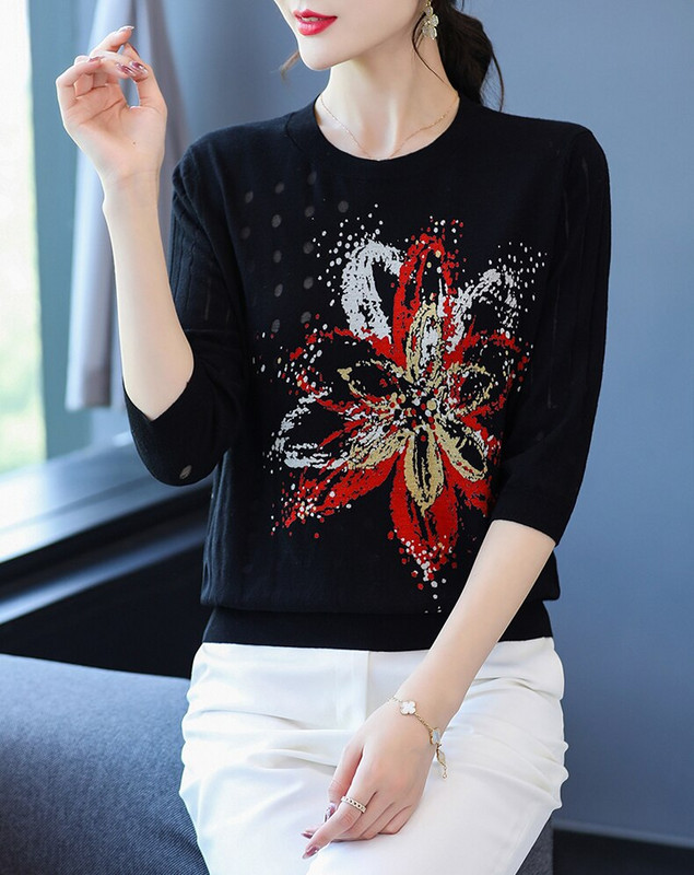 Sieviešu džemperi ar ziedu apdruku, 2022. gada jauns rudens sieviešu apģērbs, džemperis ar puspiedurknēm.