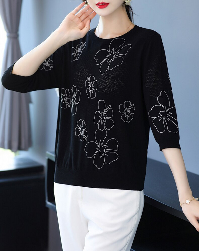 Sieviešu džemperi ar ziedu apdruku, 2022. gada jauns rudens sieviešu apģērbs, džemperis ar puspiedurknēm.