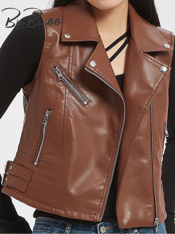 BlingBlingee 2022 Φθινόπωρο Χειμώνας Γυναικείο Γιλέκο Traf Αμάνικο Faux PU Δερμάτινο μπουφάν ποδηλάτης Crop Tops Γυναικείο γιλέκο με φερμουάρ