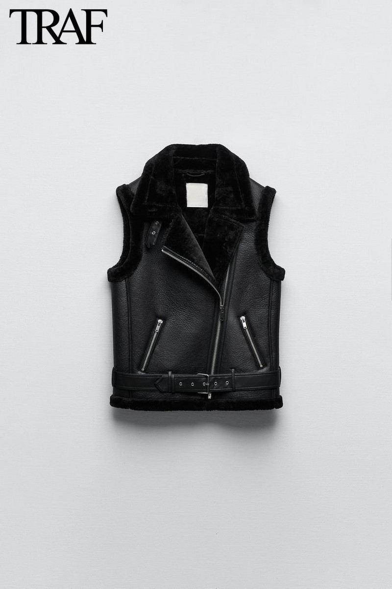 TRAF Za Γυναικεία Μόδα Χειμώνας Νέο αμάνικο γιλέκο με φερμουάρ Locomotive Top Chic Γυναικείο Casual Suede γούνινο γιλέκο all-in-one