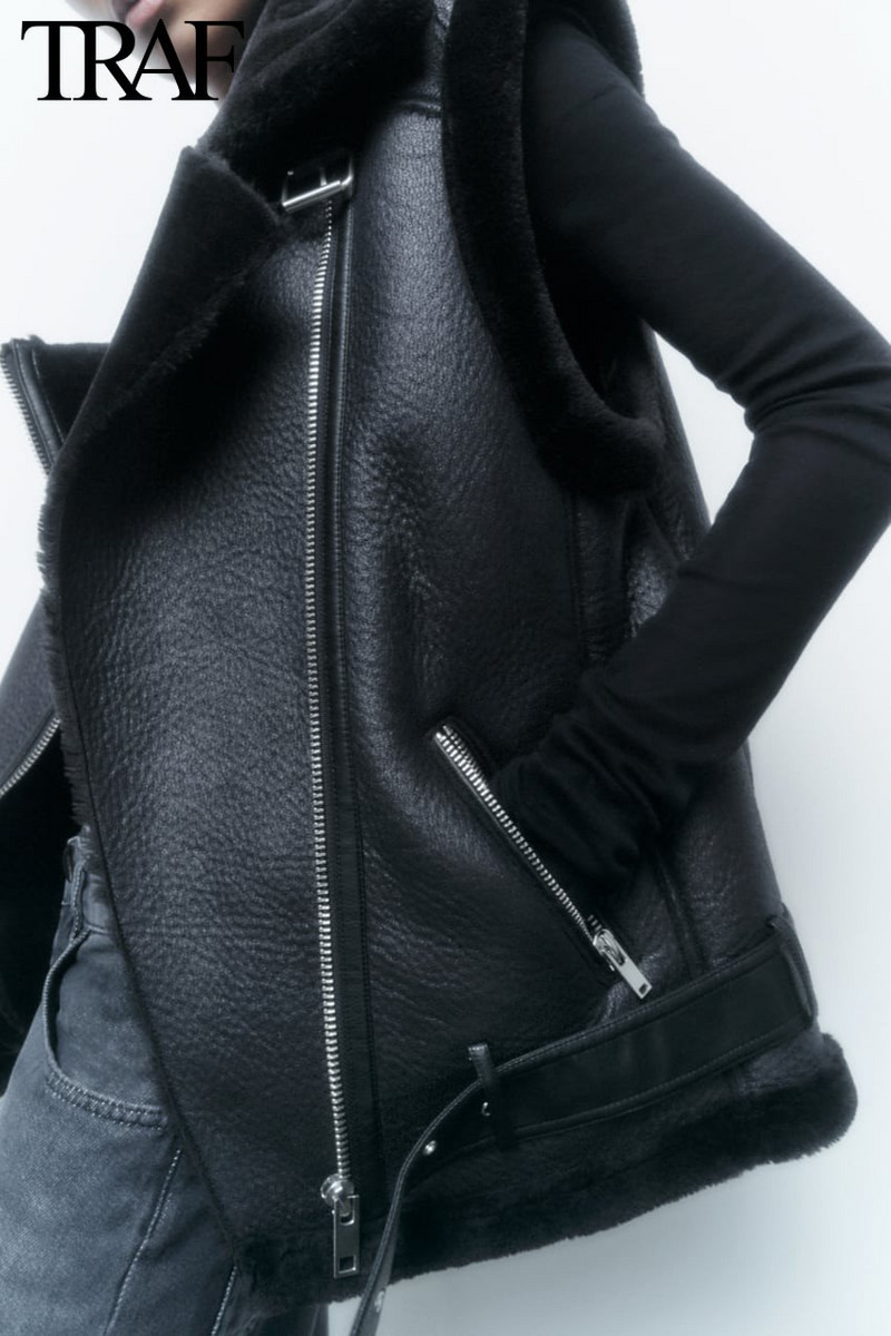 TRAF Za Γυναικεία Μόδα Χειμώνας Νέο αμάνικο γιλέκο με φερμουάρ Locomotive Top Chic Γυναικείο Casual Suede γούνινο γιλέκο all-in-one