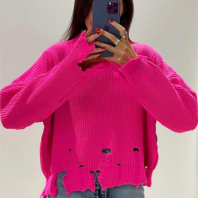 Pleteni ženski pulover s resicama, s poderanim rubom, jesen-zima 2022. Labavi ležerni ženski pulover, modni ženski džemper dugih rukava s O-izrezom