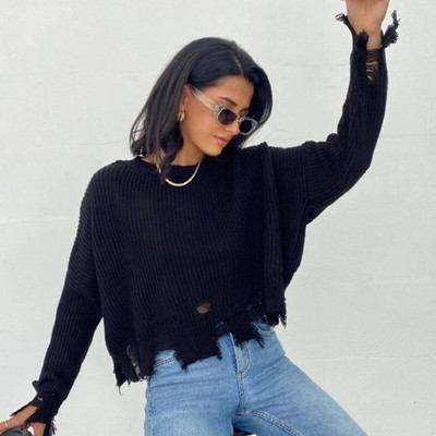 Pleteni ženski pulover s resicama, s poderanim rubom, jesen-zima 2022. Labavi ležerni ženski pulover, modni ženski džemper dugih rukava s O-izrezom