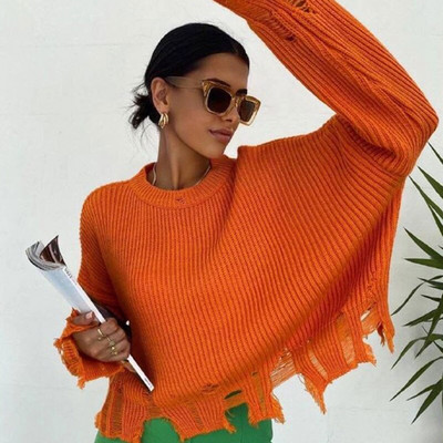 Pleteni ženski pulover s resicama, s poderanim rubom, jesen-zima 2022. Labavi ležerni ženski pulover, modni ženski džemper dugih rukava s O-izrezom