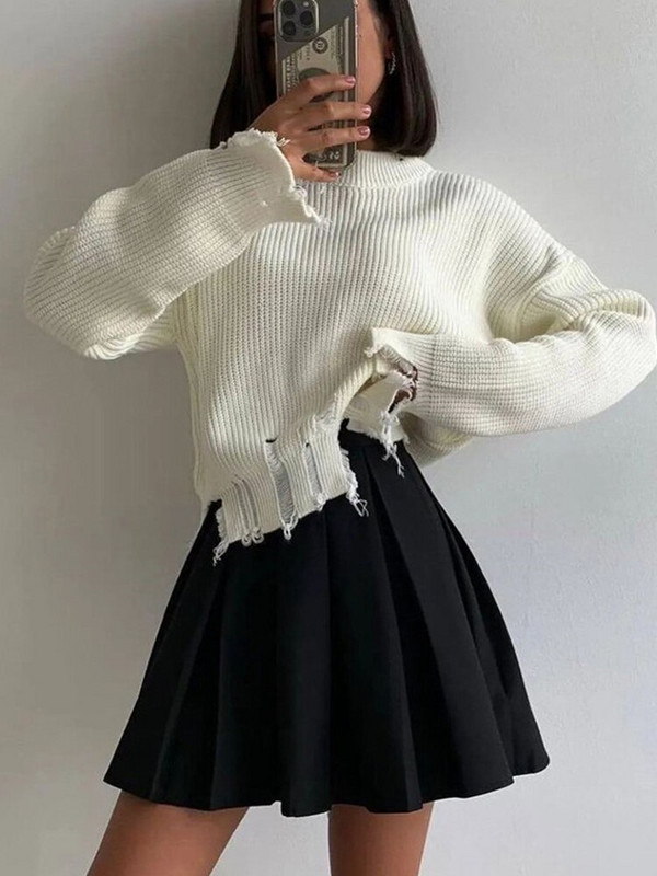 Pleteni ženski pulover s resicama, s poderanim rubom, jesen-zima 2022. Labavi ležerni ženski pulover, modni ženski džemper dugih rukava s O-izrezom