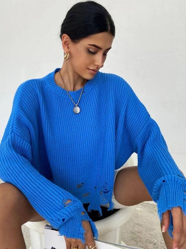 Pleteni ženski pulover s resicama, s poderanim rubom, jesen-zima 2022. Labavi ležerni ženski pulover, modni ženski džemper dugih rukava s O-izrezom