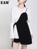 [EAM] Γυναικεία χαλαρή εφαρμογή μαύρο ακανόνιστο γιλέκο με βελονιά επίδεσμο Νέο γιακά V αμάνικο Fashion Tide Άνοιξη φθινόπωρο 2022 1DA977