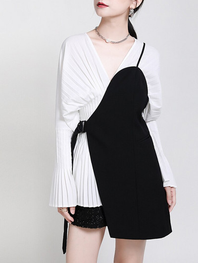 [EAM] Γυναικεία χαλαρή εφαρμογή μαύρο ακανόνιστο γιλέκο με βελονιά επίδεσμο Νέο γιακά V αμάνικο Fashion Tide Άνοιξη φθινόπωρο 2022 1DA977