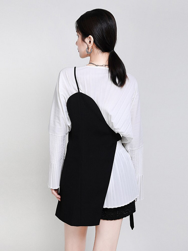 [EAM] Γυναικεία χαλαρή εφαρμογή μαύρο ακανόνιστο γιλέκο με βελονιά επίδεσμο Νέο γιακά V αμάνικο Fashion Tide Άνοιξη φθινόπωρο 2022 1DA977