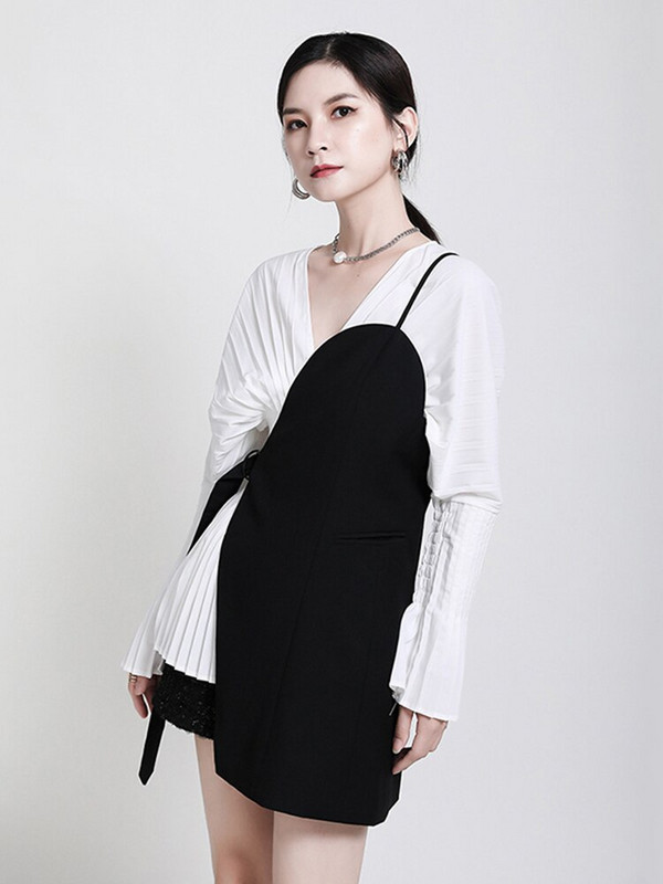 [EAM] Γυναικεία χαλαρή εφαρμογή μαύρο ακανόνιστο γιλέκο με βελονιά επίδεσμο Νέο γιακά V αμάνικο Fashion Tide Άνοιξη φθινόπωρο 2022 1DA977