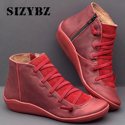 Hot Women PU Leather Ankle Boots Women Autumn Winter Cross Strappy Vintage Women Punk Boots Flat Ladies Shoes Woman Botas Mujer
