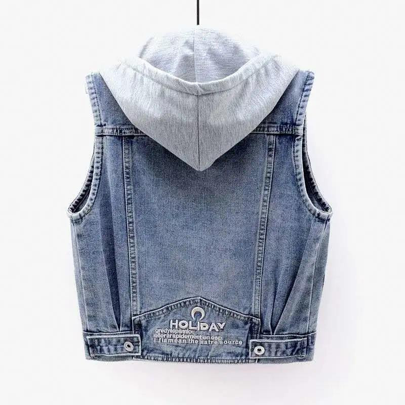 Γυναικείο τζιν γιλέκο με κουκούλα plus size 2022 άνοιξη και φθινόπωρο νέα κορεατική έκδοση σχέδιο μόδας αίσθηση κέντημα casual κοντό παλτό