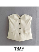 TRAF 2022 sieviešu uzvalku veste, retro stila plāna korsete bez piedurknēm, vienrindas ar kabatām virsdrēbēm, eleganti vestu topi