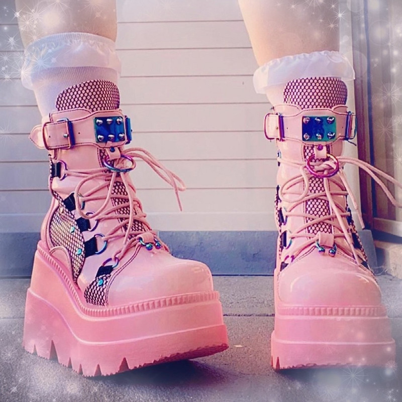 Πλατφόρμα μόδας Γυναικείες μπότες ροζ φερμουάρ που αλλάζουν με κορδόνια γοτθικά παπούτσια Γυναικεία casual άνετα δημοφιλή