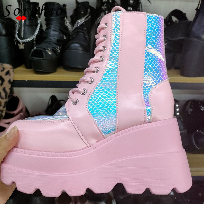Πλατφόρμα μόδας Γυναικείες μπότες ροζ φερμουάρ που αλλάζουν με κορδόνια γοτθικά παπούτσια Γυναικεία casual άνετα δημοφιλή